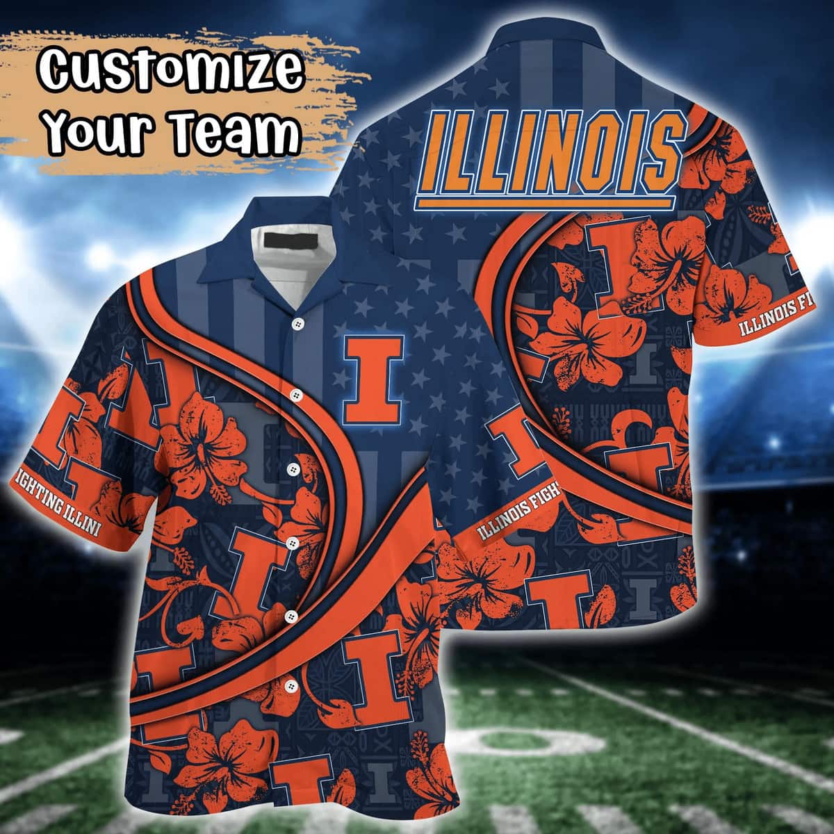 NCAA Illinois Fighting Illini Hawaiian Shirt US Flag Custom Name Trendy Summer Gift