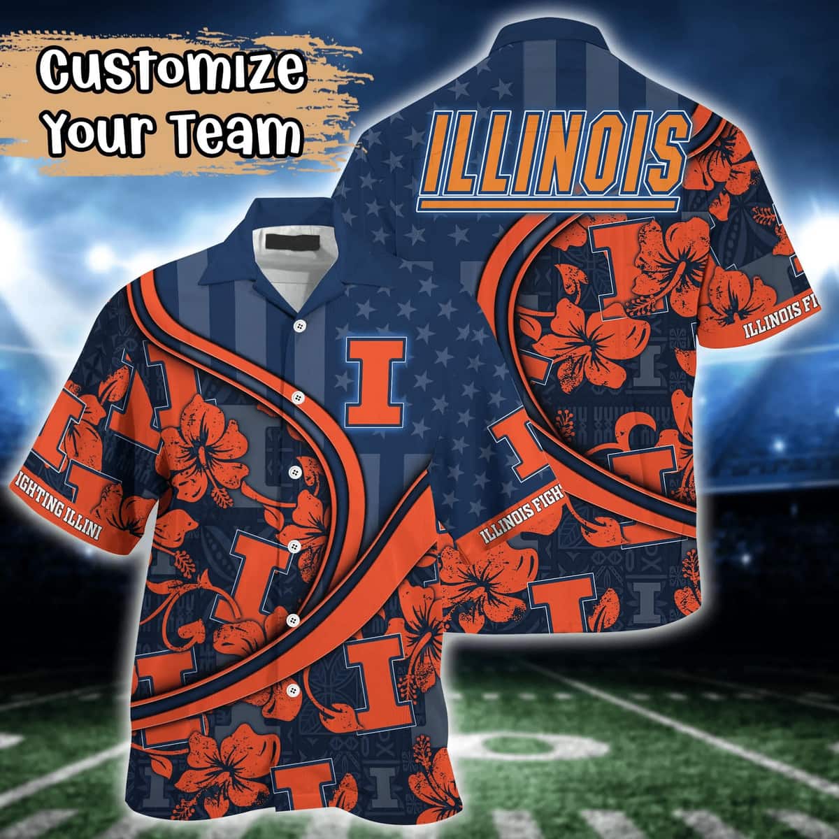 NCAA Illinois Fighting Illini Hawaiian Shirt US Flag Custom Name Trendy Summer Gift NCAA Illinois Fighting Illini Hawaiian Shirt US Flag Custom Name Trendy Summer Gift