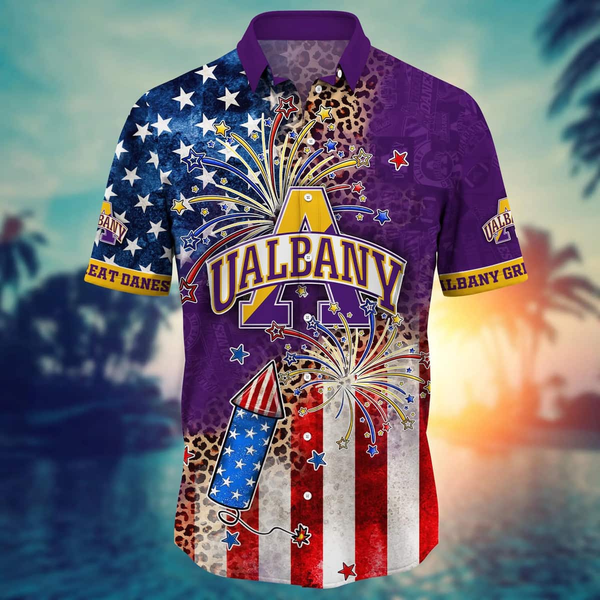 NCAA Albany Great Danes Hawaiian Shirt Fireworks Independence Day Beach Lovers Gift