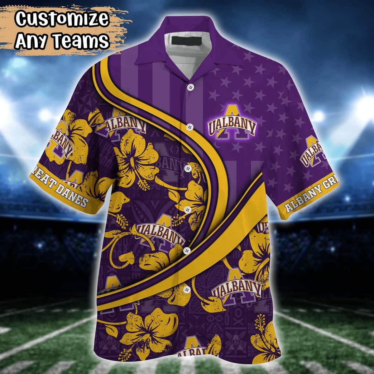 NCAA Albany Great Danes Hawaiian Shirt US Flag Flower Custom Name NCAA Albany Great Danes Hawaiian Shirt US Flag Flower Custom Name