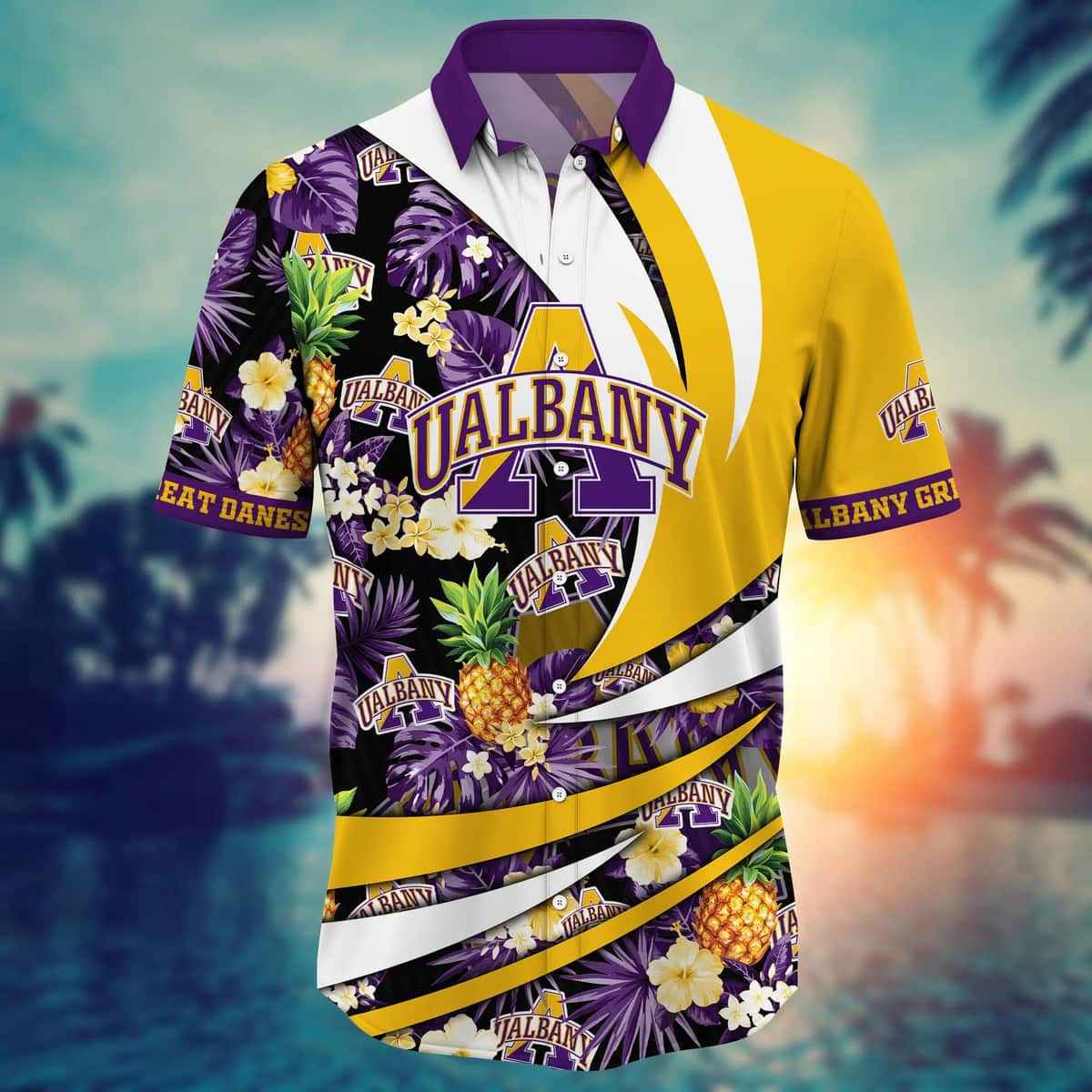 NCAA Albany Great Danes Hawaiian Shirt Pineapple Pattern Beach Gift For Friend NCAA Albany Great Danes Hawaiian Shirt Pineapple Pattern Beach Gift For Friend