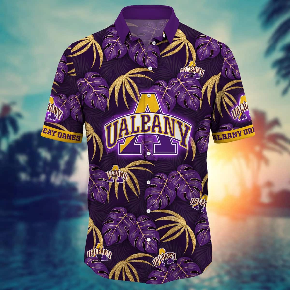 NCAA Albany Great Danes Hawaiian Shirt Palm Leaves Pattern Beach Gift For Friend NCAA Albany Great Danes Hawaiian Shirt Palm Leaves Pattern Beach Gift For Friend