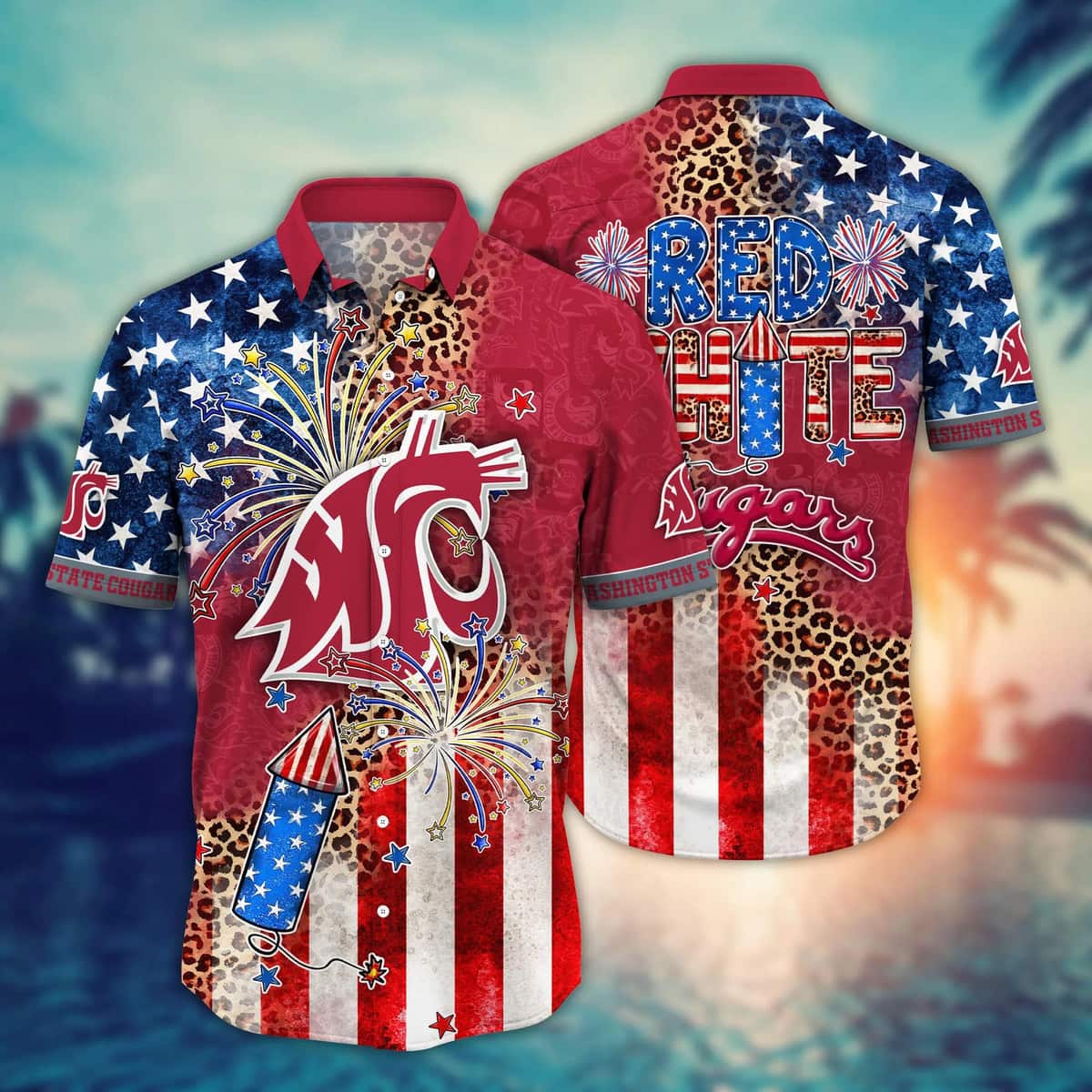 NCAA Washington State Cougars Hawaiian Shirt Fireworks Independence Day NCAA Washington State Cougars Hawaiian Shirt Fireworks Independence Day
