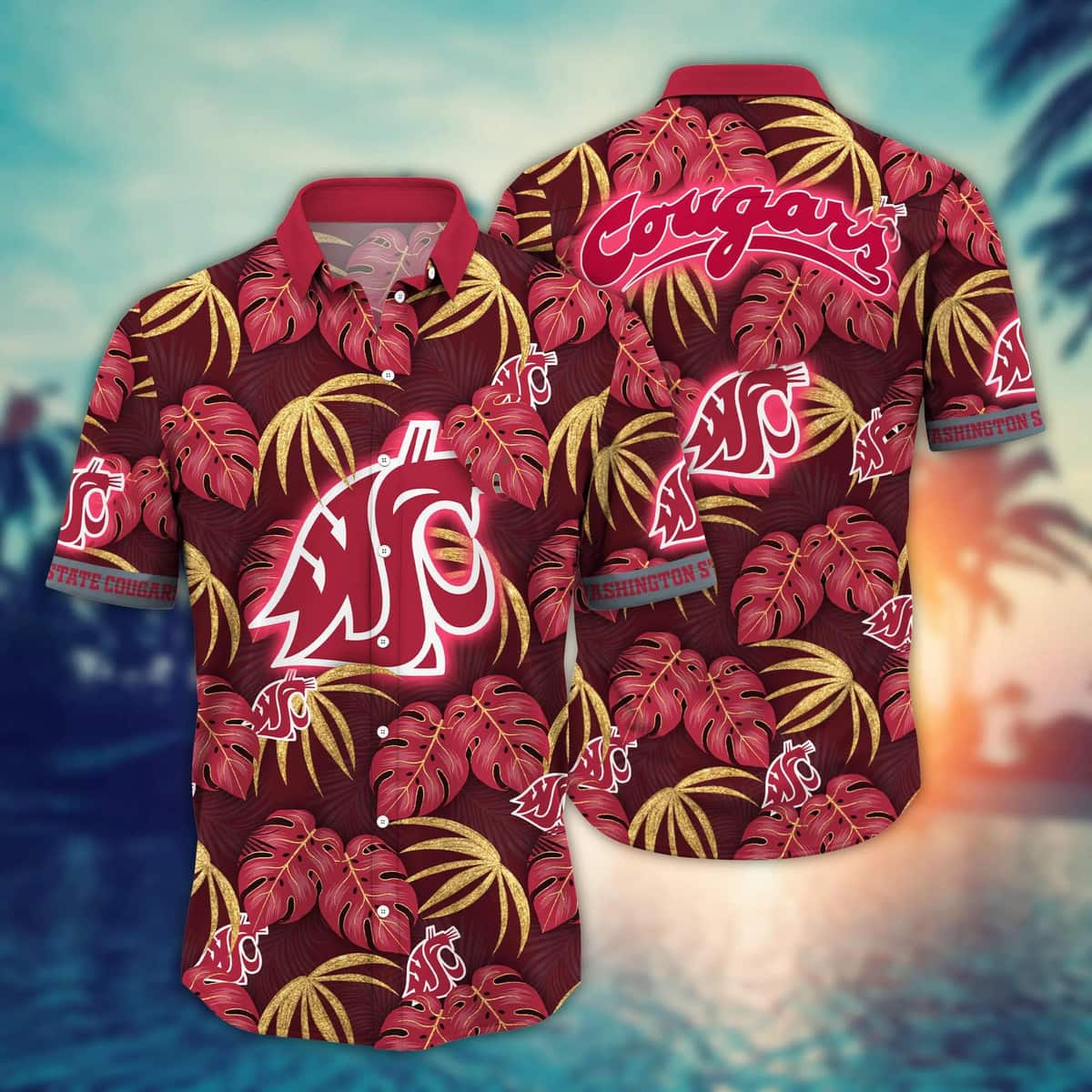 NCAA Washington State Cougars Hawaiian Shirt Palm Leaves Pattern NCAA Washington State Cougars Hawaiian Shirt Palm Leaves Pattern