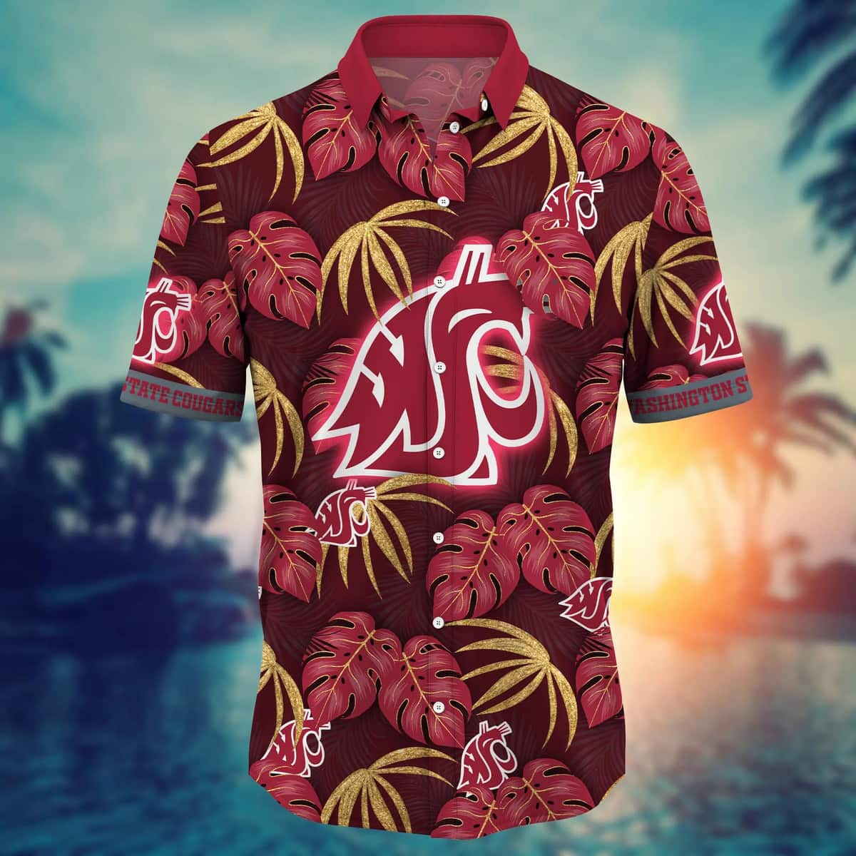 NCAA Washington State Cougars Hawaiian Shirt Palm Leaves Pattern NCAA Washington State Cougars Hawaiian Shirt Palm Leaves Pattern