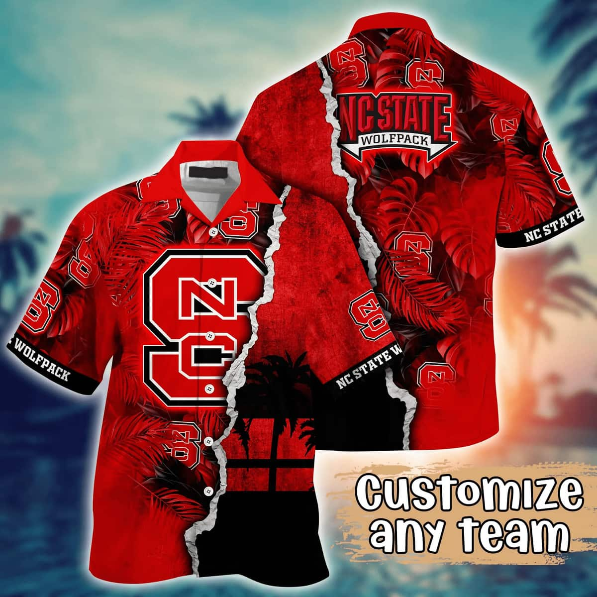 NCAA NC State Wolfpack Hawaiian Shirt Custom Name Palm Leaves Pattern