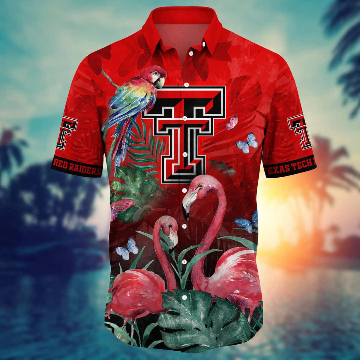 NCAA Texas Tech Red Raiders Hawaiian Shirt Pink Flamingo And Palm Leaves NCAA Texas Tech Red Raiders Hawaiian Shirt Pink Flamingo And Palm Leaves