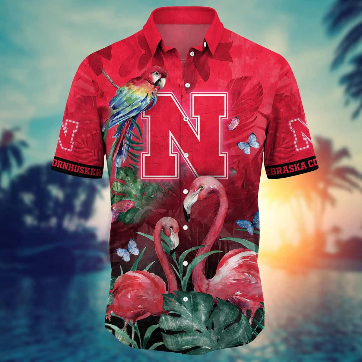 Nebraska Cornhuskers NCAA Hawaiian Shirt Pink Flamingo And Palm Leaves