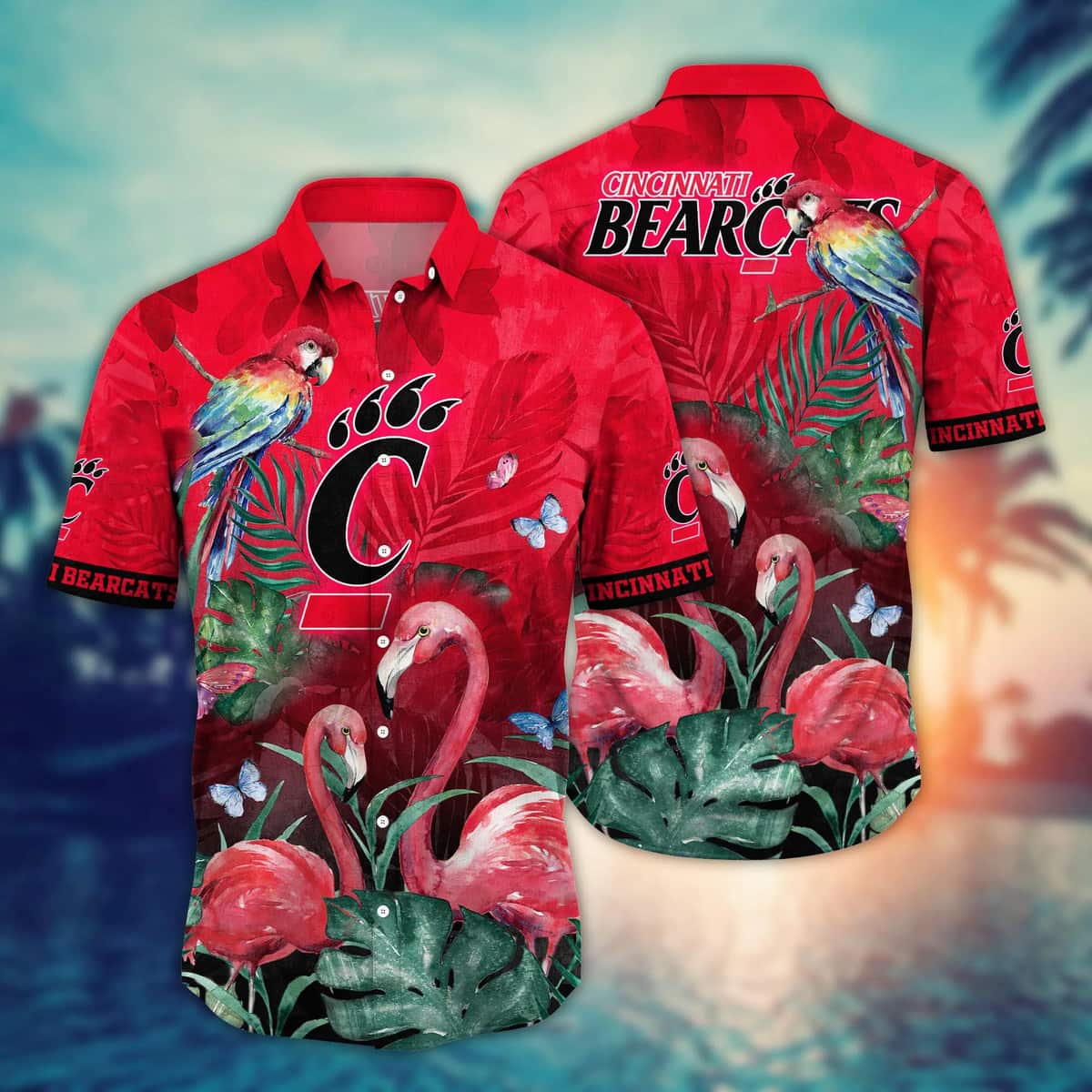 Cincinnati Bearcats NCAA Hawaiian Shirt Pink Flamingo And Palm Leaves Cincinnati Bearcats NCAA Hawaiian Shirt Pink Flamingo And Palm Leaves