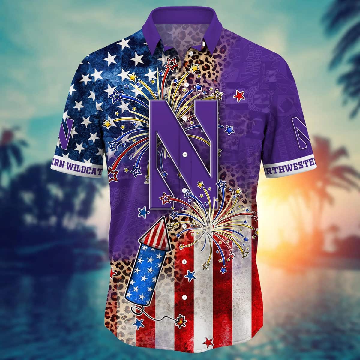 NCAA Northwestern Wildcats Hawaiian Shirt Fireworks Independence Day