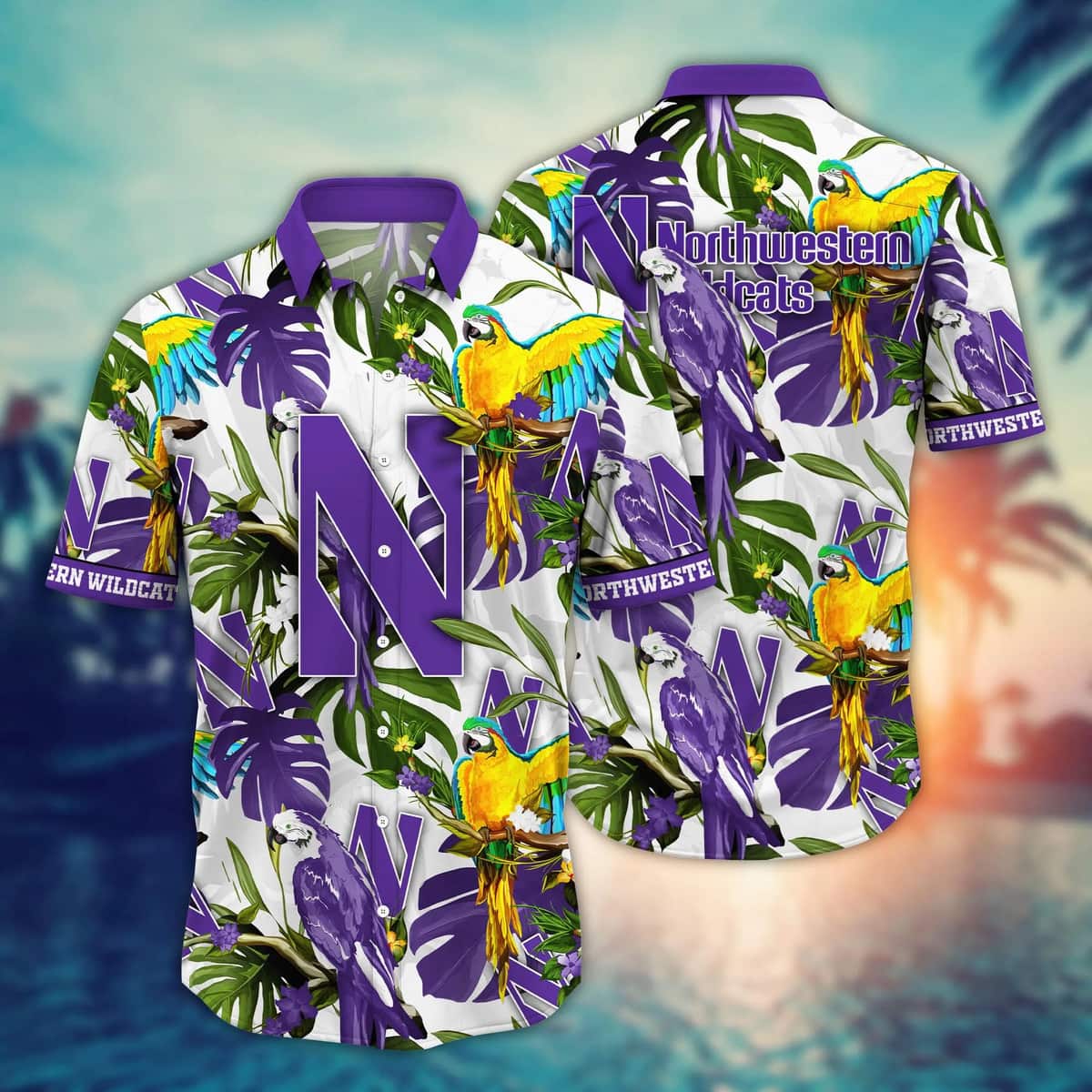 NCAA Northwestern Wildcats Hawaiian Shirt Birds And Palm Leaves NCAA Northwestern Wildcats Hawaiian Shirt Birds And Palm Leaves