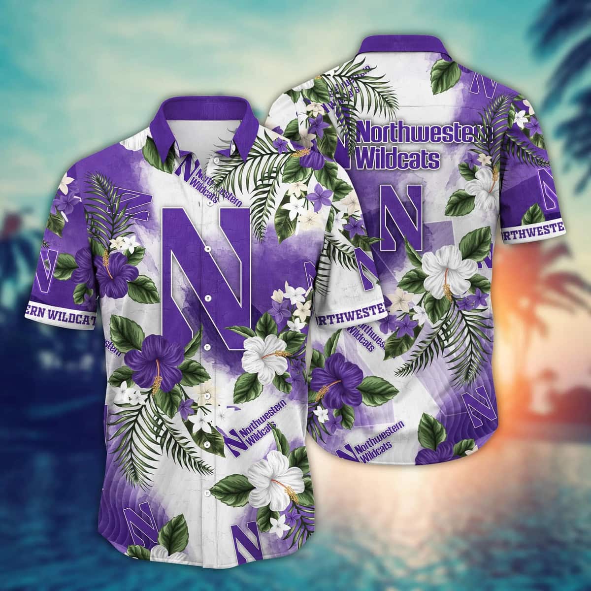 NCAA Northwestern Wildcats Hawaiian Shirt Hibiscus Flowers Pattern NCAA Northwestern Wildcats Hawaiian Shirt Hibiscus Flowers Pattern