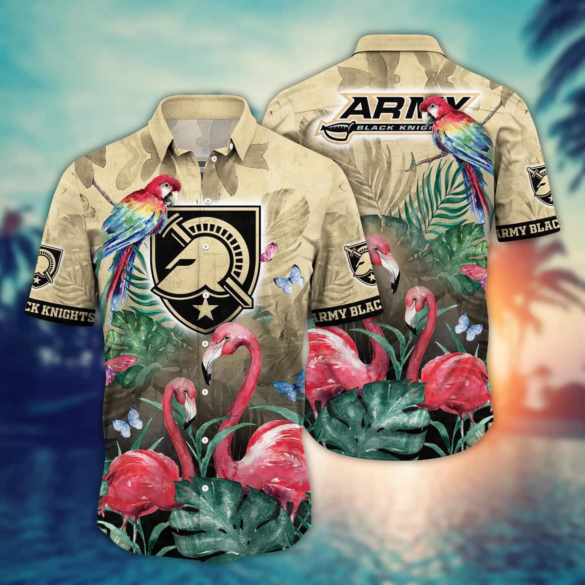 NCAA Army Black Knights Hawaiian Shirt Pink Flamingo And Palm Leaves NCAA Army Black Knights Hawaiian Shirt Pink Flamingo And Palm Leaves