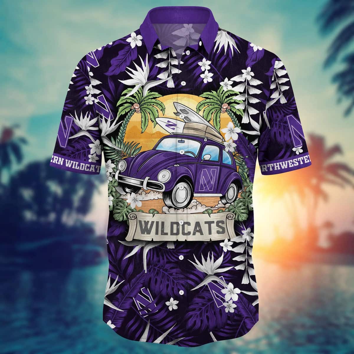NCAA Northwestern Wildcats Hawaiian Shirt Palm Leaves Pattern Summer Beach Gift