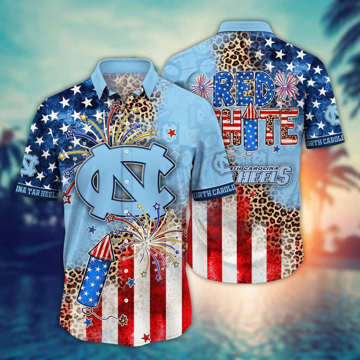 NCAA North Carolina Tar Heels Hawaiian Shirt Fireworks Independence Day NCAA North Carolina Tar Heels Hawaiian Shirt Fireworks Independence Day