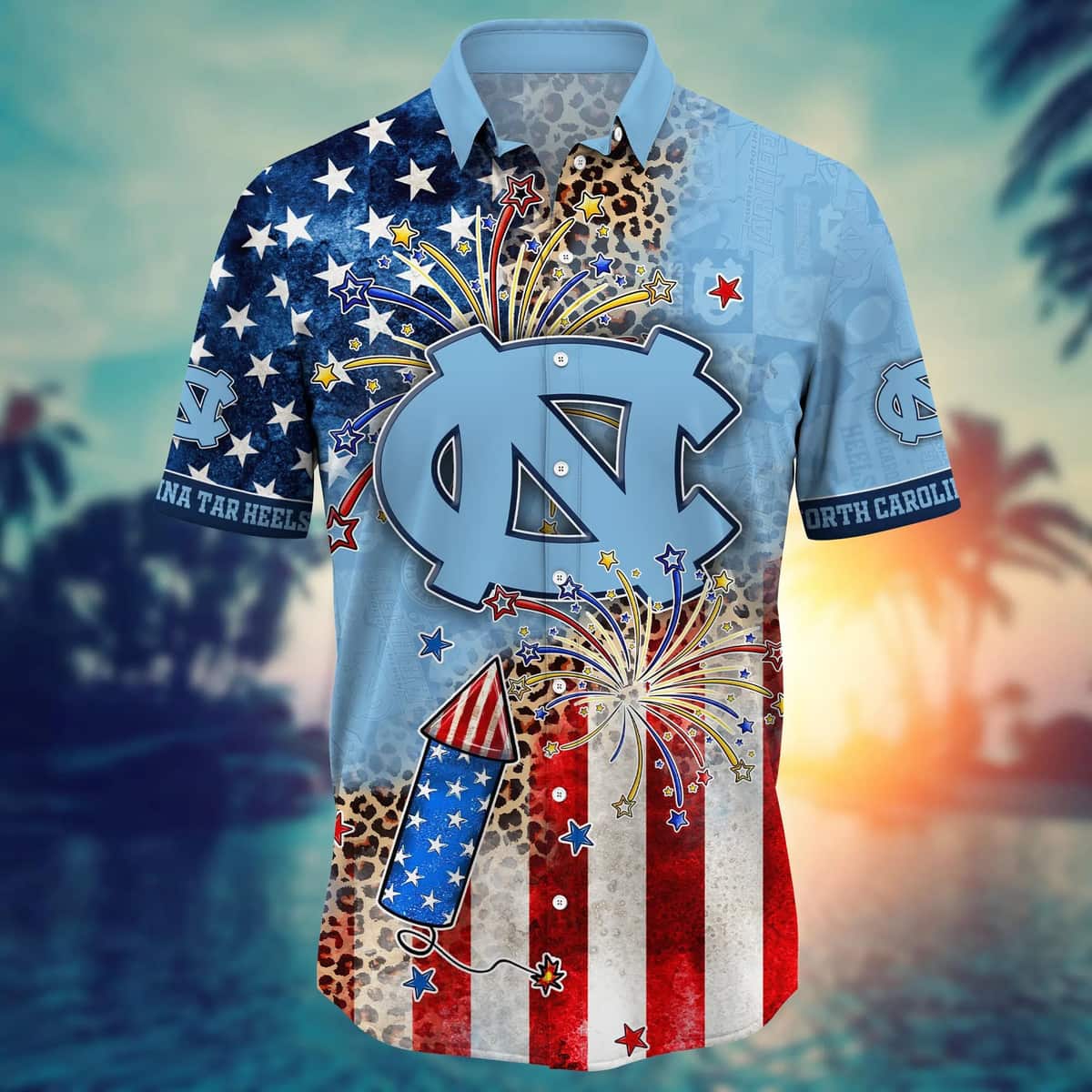 NCAA North Carolina Tar Heels Hawaiian Shirt Fireworks Independence Day NCAA North Carolina Tar Heels Hawaiian Shirt Fireworks Independence Day