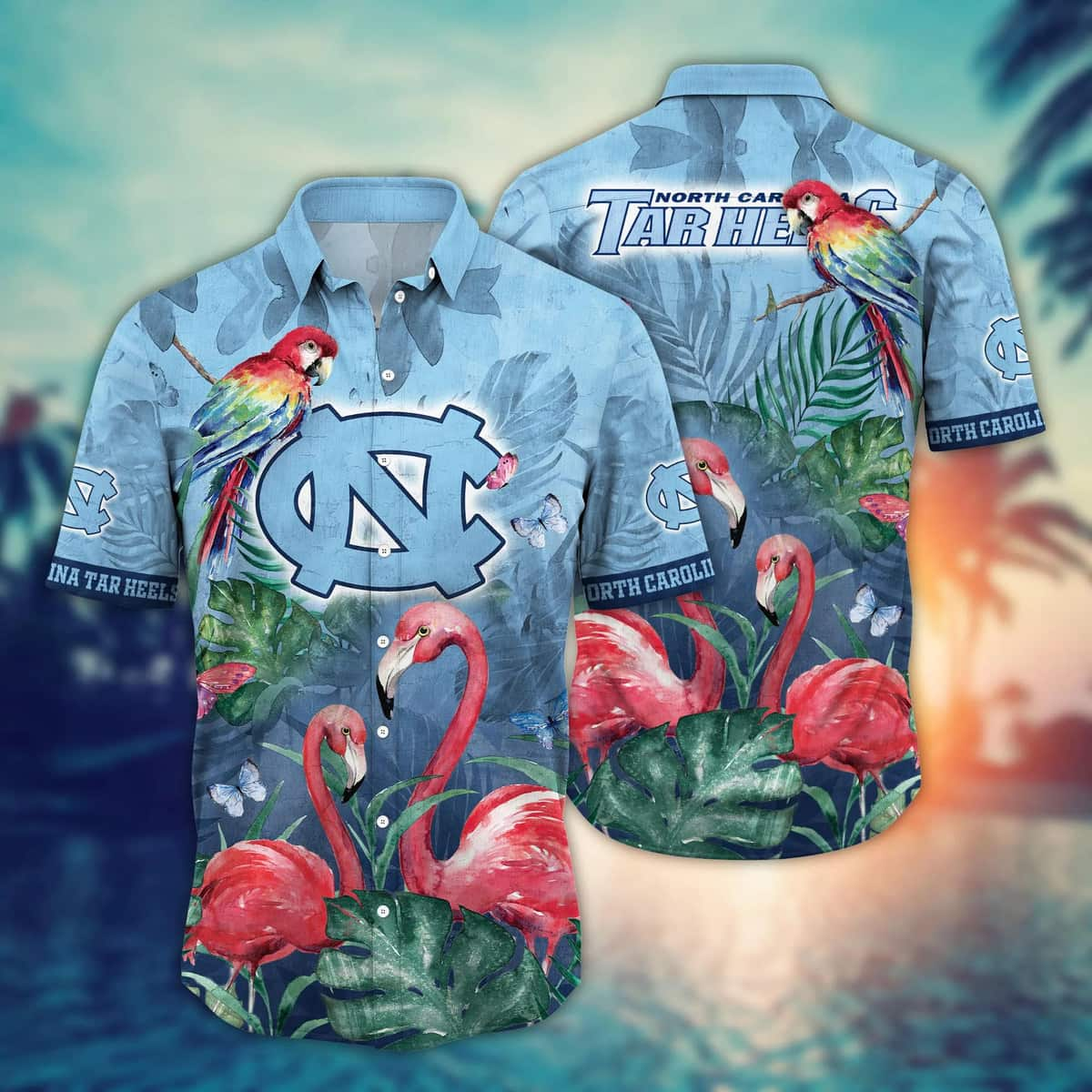 NCAA North Carolina Tar Heels Hawaiian Shirt Pink Flamingo And Palm Leaves