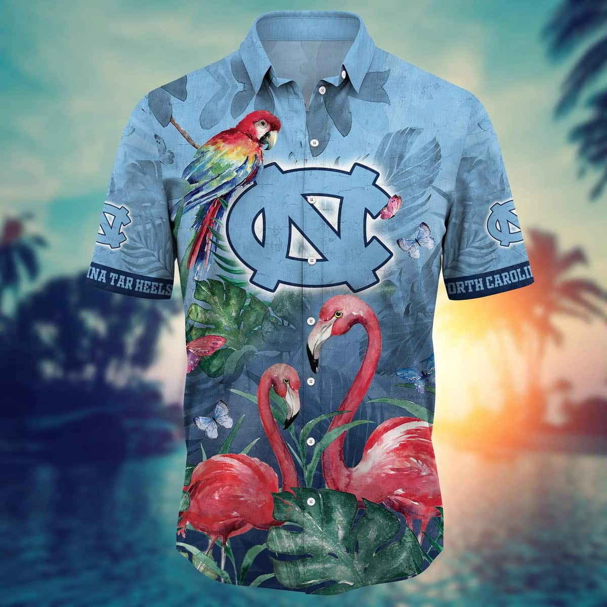 NCAA North Carolina Tar Heels Hawaiian Shirt Pink Flamingo And Palm Leaves NCAA North Carolina Tar Heels Hawaiian Shirt Pink Flamingo And Palm Leaves