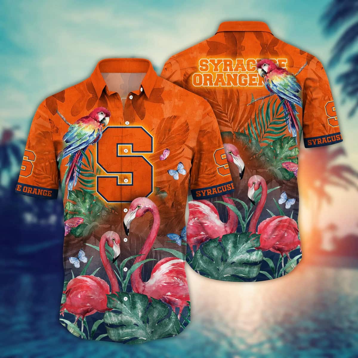 NCAA Syracuse Orange Hawaiian Shirt Pink Flamingo And Palm Leaves NCAA Syracuse Orange Hawaiian Shirt Pink Flamingo And Palm Leaves