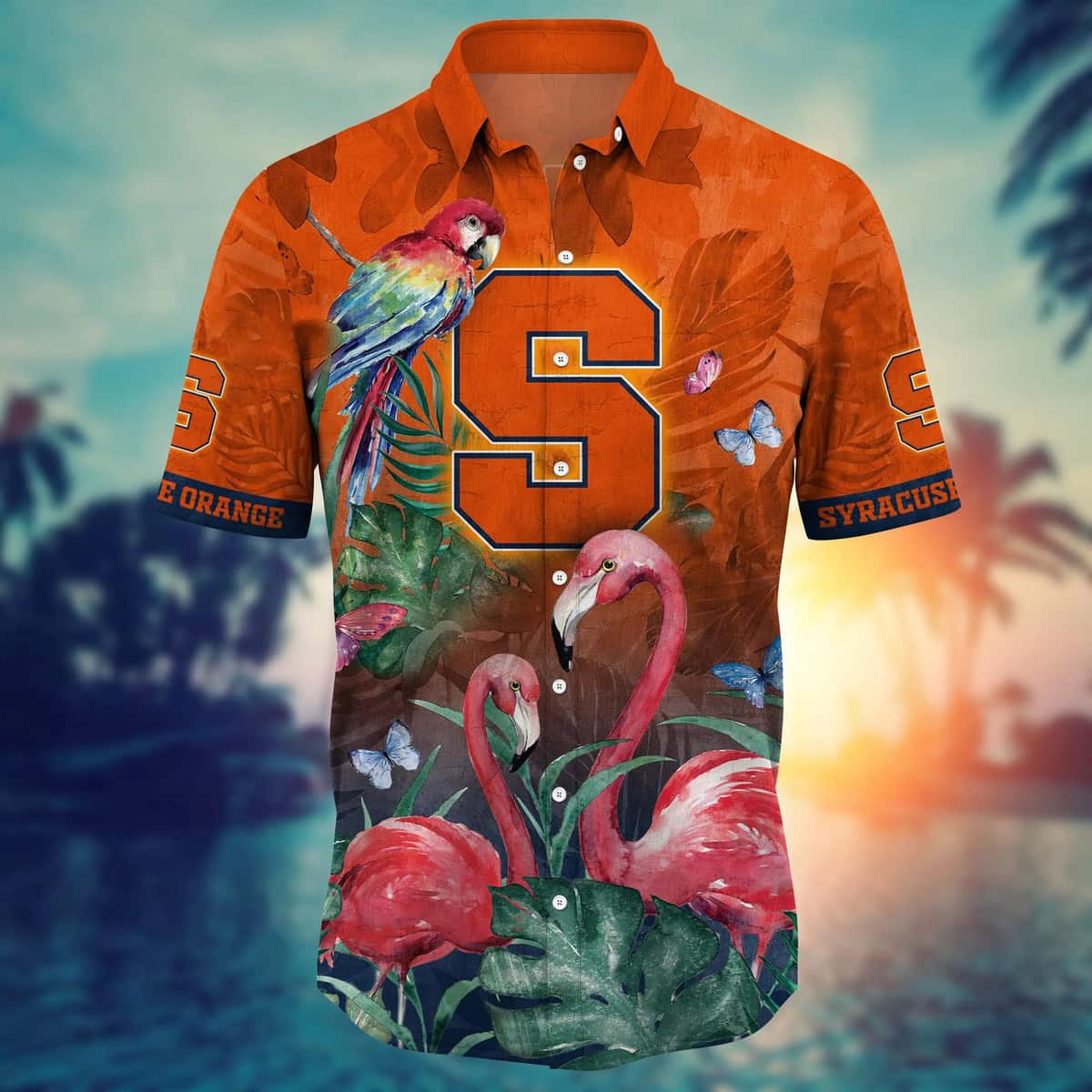NCAA Syracuse Orange Hawaiian Shirt Pink Flamingo And Palm Leaves NCAA Syracuse Orange Hawaiian Shirt Pink Flamingo And Palm Leaves
