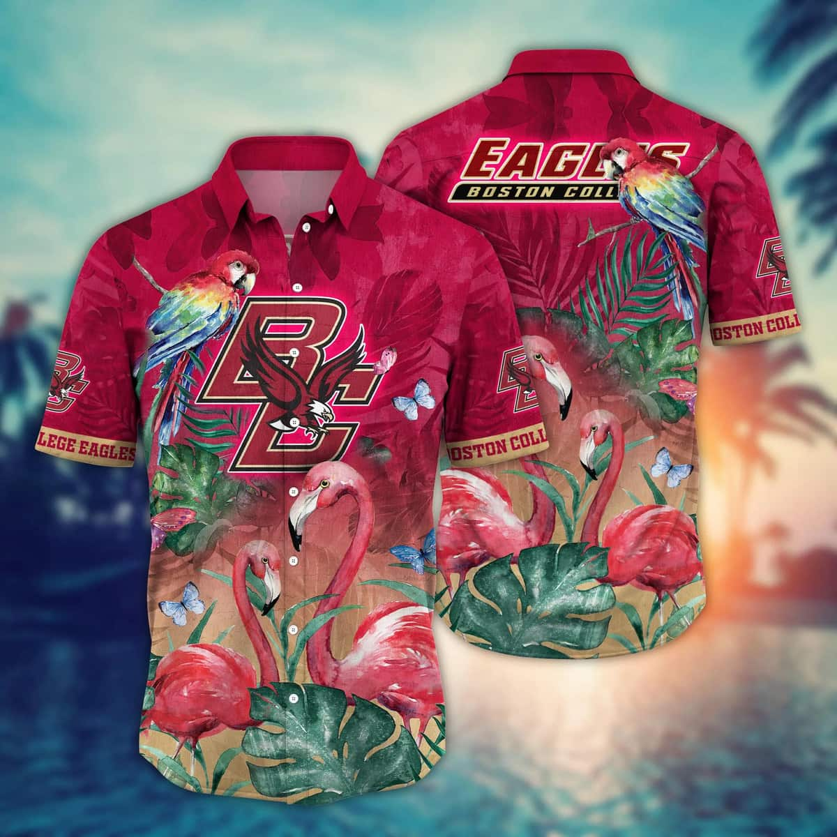 NCAA Boston College Eagles Hawaiian Shirt Pink Flamingo And Palm Leaves