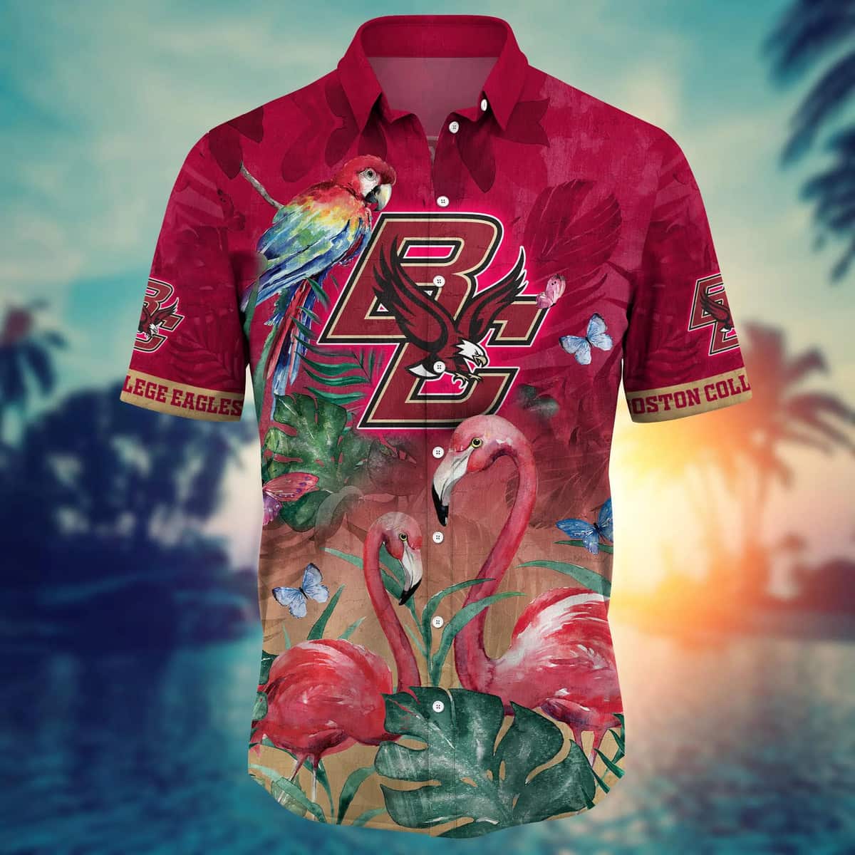 NCAA Boston College Eagles Hawaiian Shirt Pink Flamingo And Palm Leaves NCAA Boston College Eagles Hawaiian Shirt Pink Flamingo And Palm Leaves