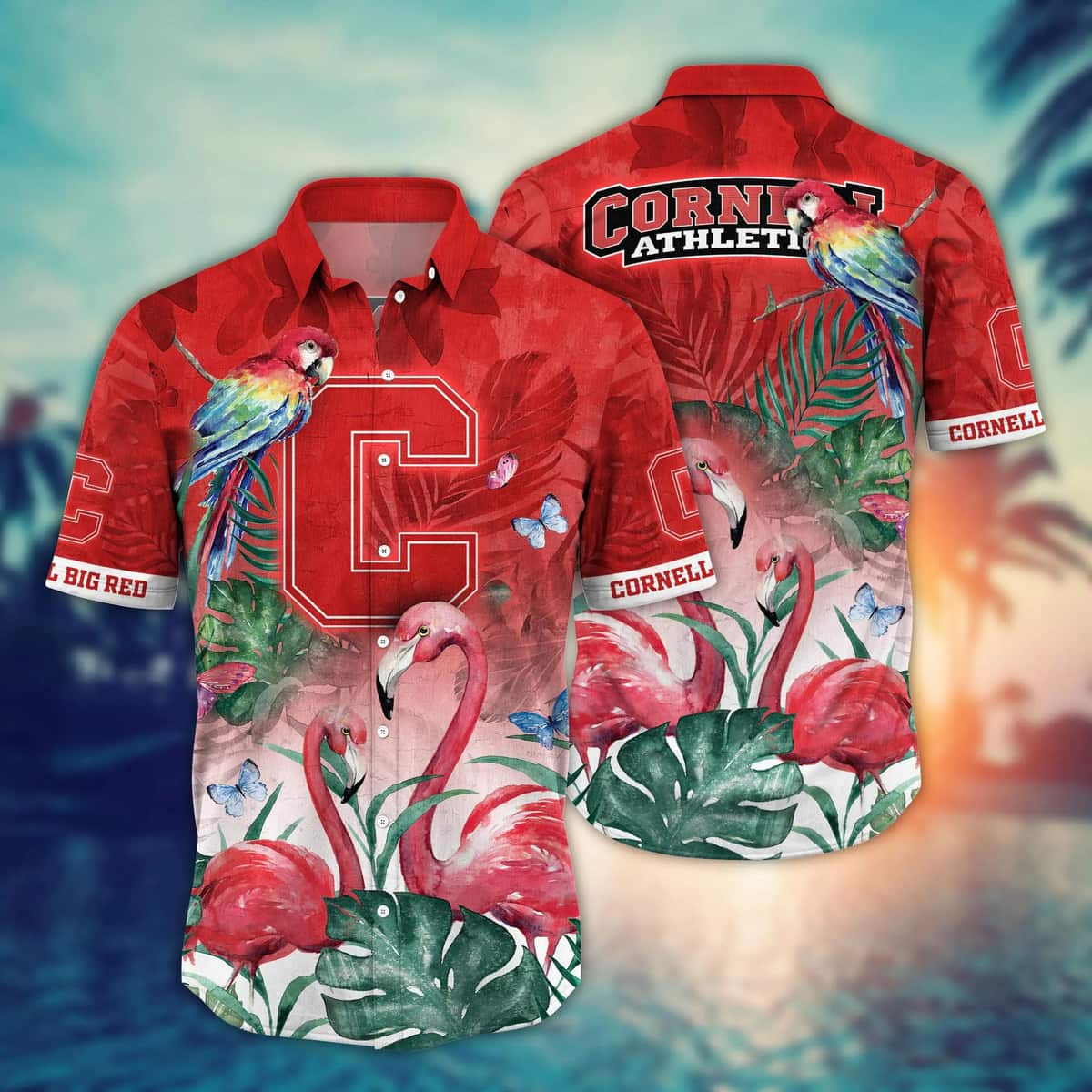 Summer Aloha NCAA Cornell Big Red Hawaiian Shirt Pink Flamingo And Palm Leaves