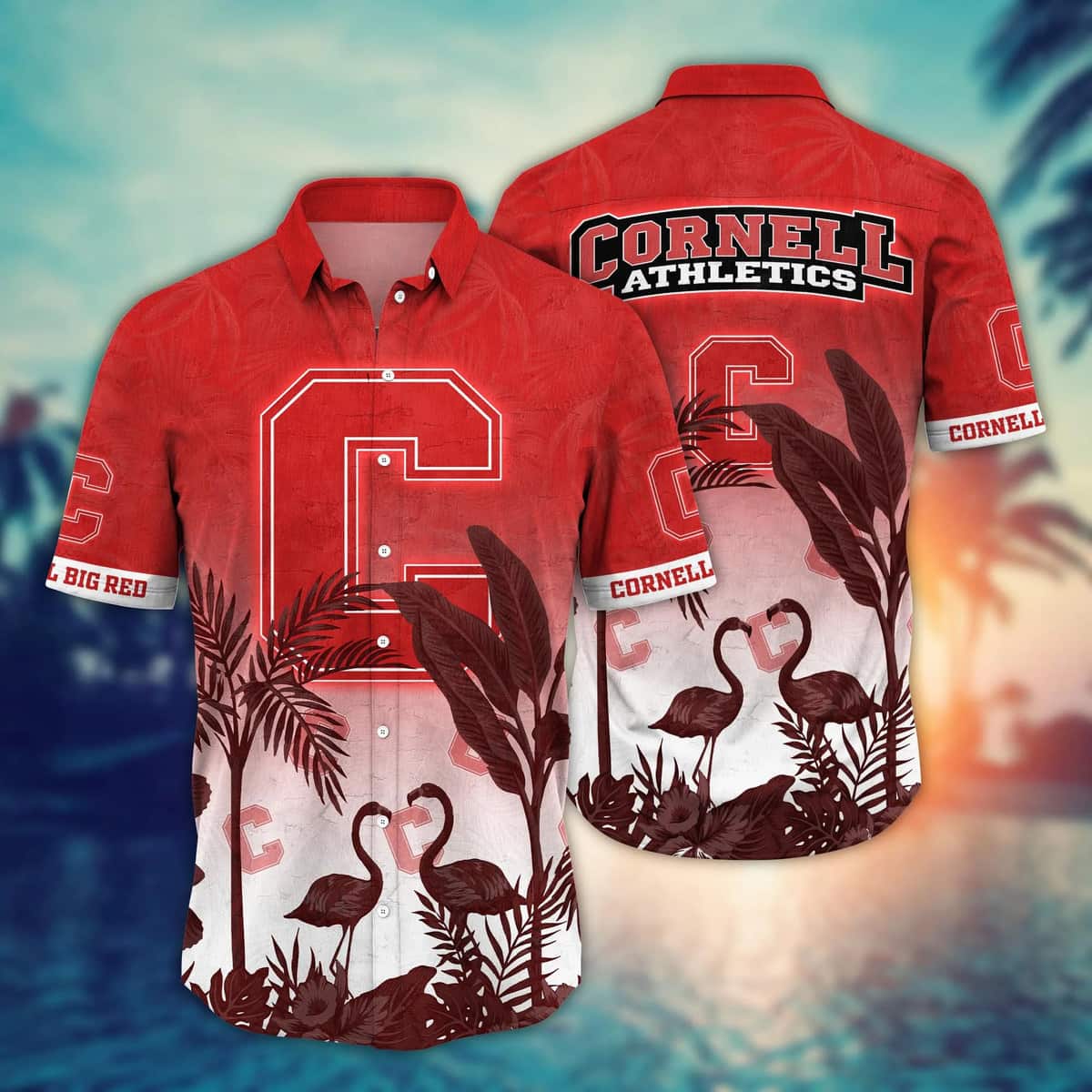 NCAA Cornell Big Red Hawaiian Shirt Flamingos And Palm Trees NCAA Cornell Big Red Hawaiian Shirt Flamingos And Palm Trees
