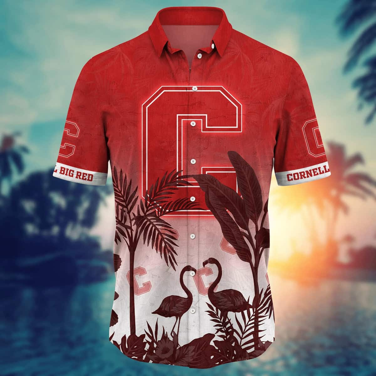 NCAA Cornell Big Red Hawaiian Shirt Flamingos And Palm Trees NCAA Cornell Big Red Hawaiian Shirt Flamingos And Palm Trees