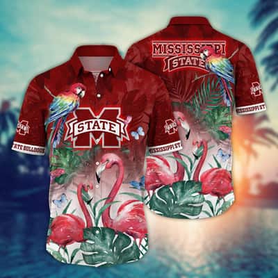 NCAA Mississippi State Bulldogs Hawaiian Shirt Pink Flamingo And Palm Leaves Beach Gift For Him NCAA Mississippi State Bulldogs Hawaiian Shirt Pink Flamingo And Palm Leaves Beach Gift For Him