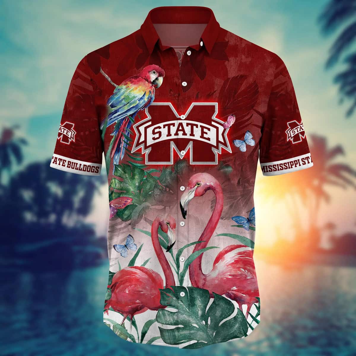 NCAA Mississippi State Bulldogs Hawaiian Shirt Pink Flamingo And Palm Leaves Beach Gift For Him