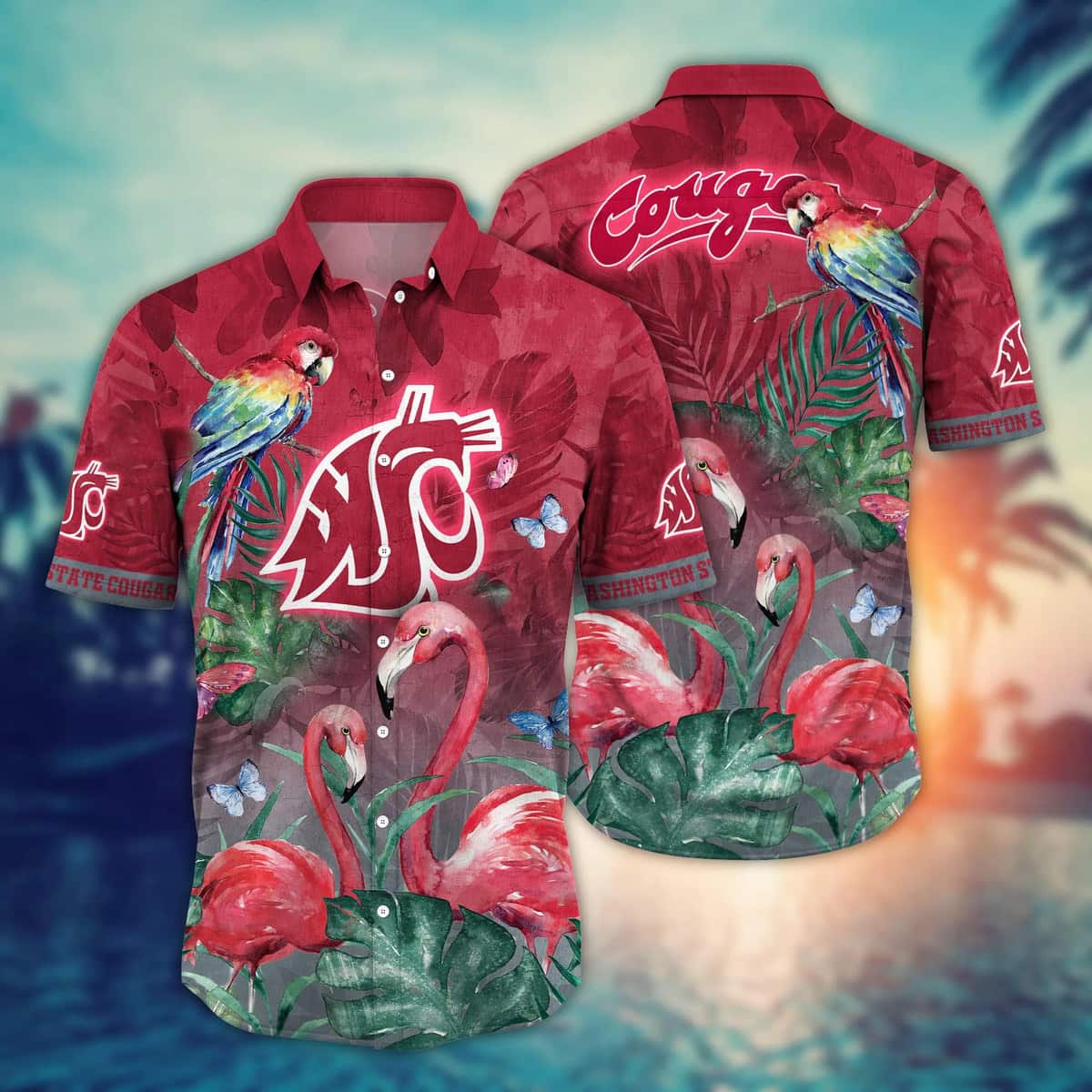 Washington State Cougars NCAA Hawaiian Shirt Pink Flamingo And Palm Leaves Washington State Cougars NCAA Hawaiian Shirt Pink Flamingo And Palm Leaves