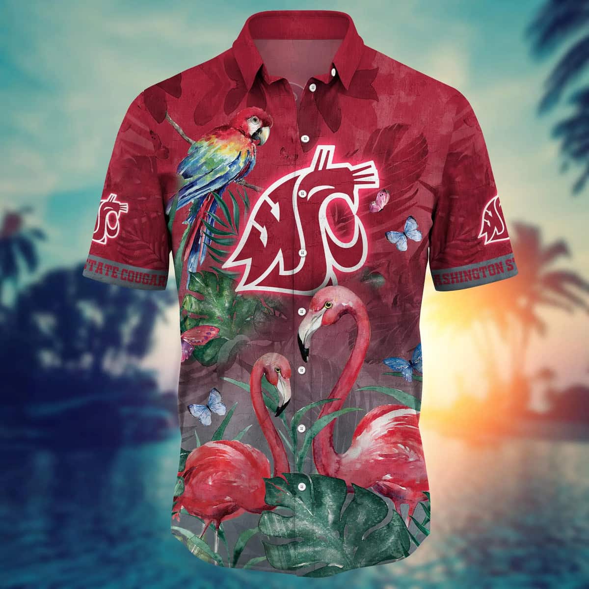 Washington State Cougars NCAA Hawaiian Shirt Pink Flamingo And Palm Leaves Washington State Cougars NCAA Hawaiian Shirt Pink Flamingo And Palm Leaves
