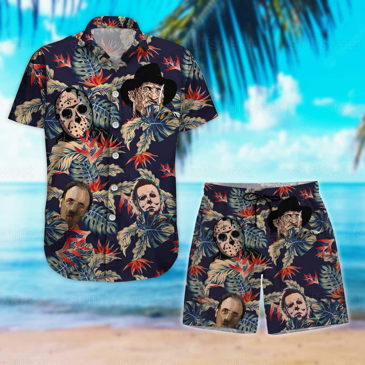 Michael Myers Hawaiian Shirt Palm Leaves Pattern Jason Voorhees Freddy Krueger