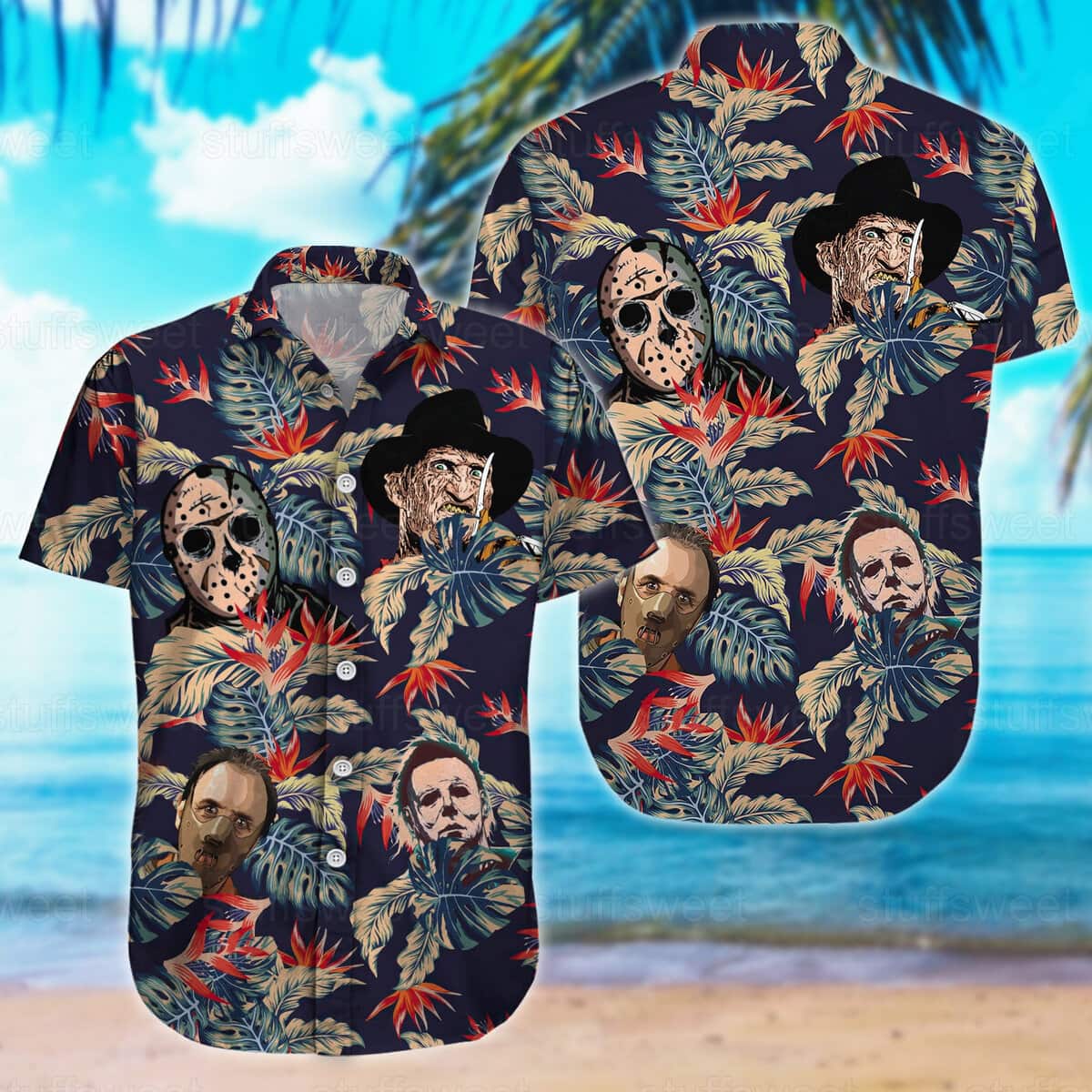 Michael Myers Hawaiian Shirt Palm Leaves Pattern Jason Voorhees Freddy Krueger Michael Myers Hawaiian Shirt Palm Leaves Pattern Jason Voorhees Freddy Krueger