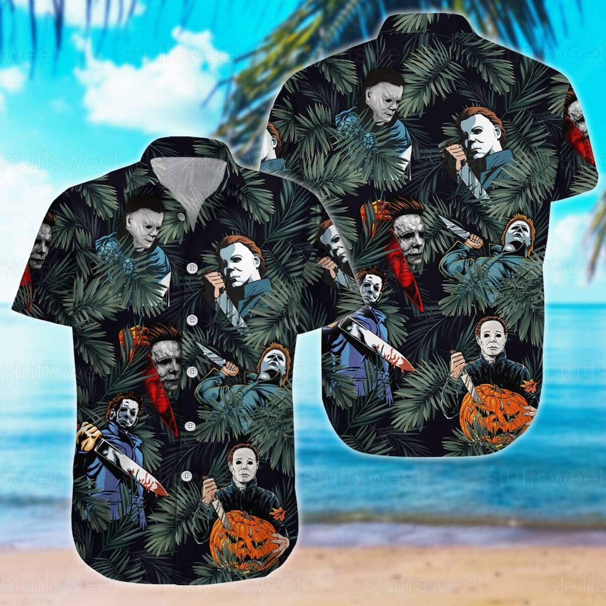 Michael Myers Hawaiian Shirt Palm Leaves Pattern John Carpenter's Gift For Halloween Movie Fans Michael Myers Hawaiian Shirt Palm Leaves Pattern John Carpenter's Gift For Halloween Movie Fans