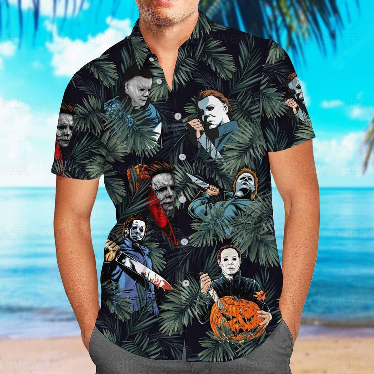 Michael Myers Hawaiian Shirt Palm Leaves Pattern John Carpenter's Gift For Halloween Movie Fans Michael Myers Hawaiian Shirt Palm Leaves Pattern John Carpenter's Gift For Halloween Movie Fans