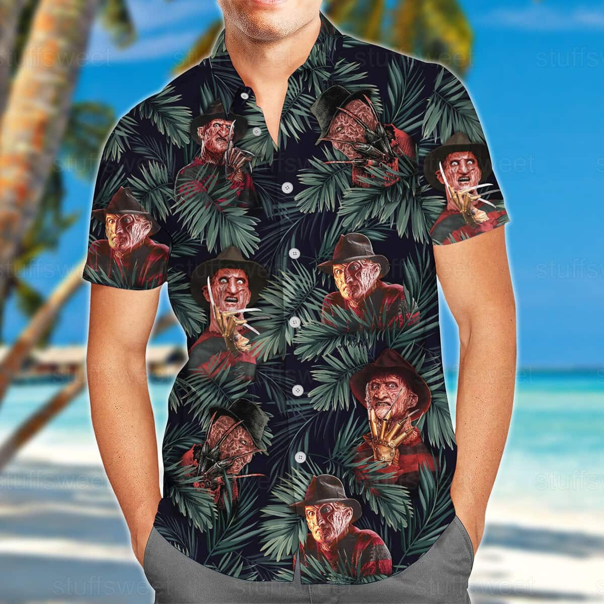 Freddy Krueger Hawaiian Shirt Palm Leaves Pattern Gift for Horror Movie Fans Freddy Krueger Hawaiian Shirt Palm Leaves Pattern Gift for Horror Movie Fans