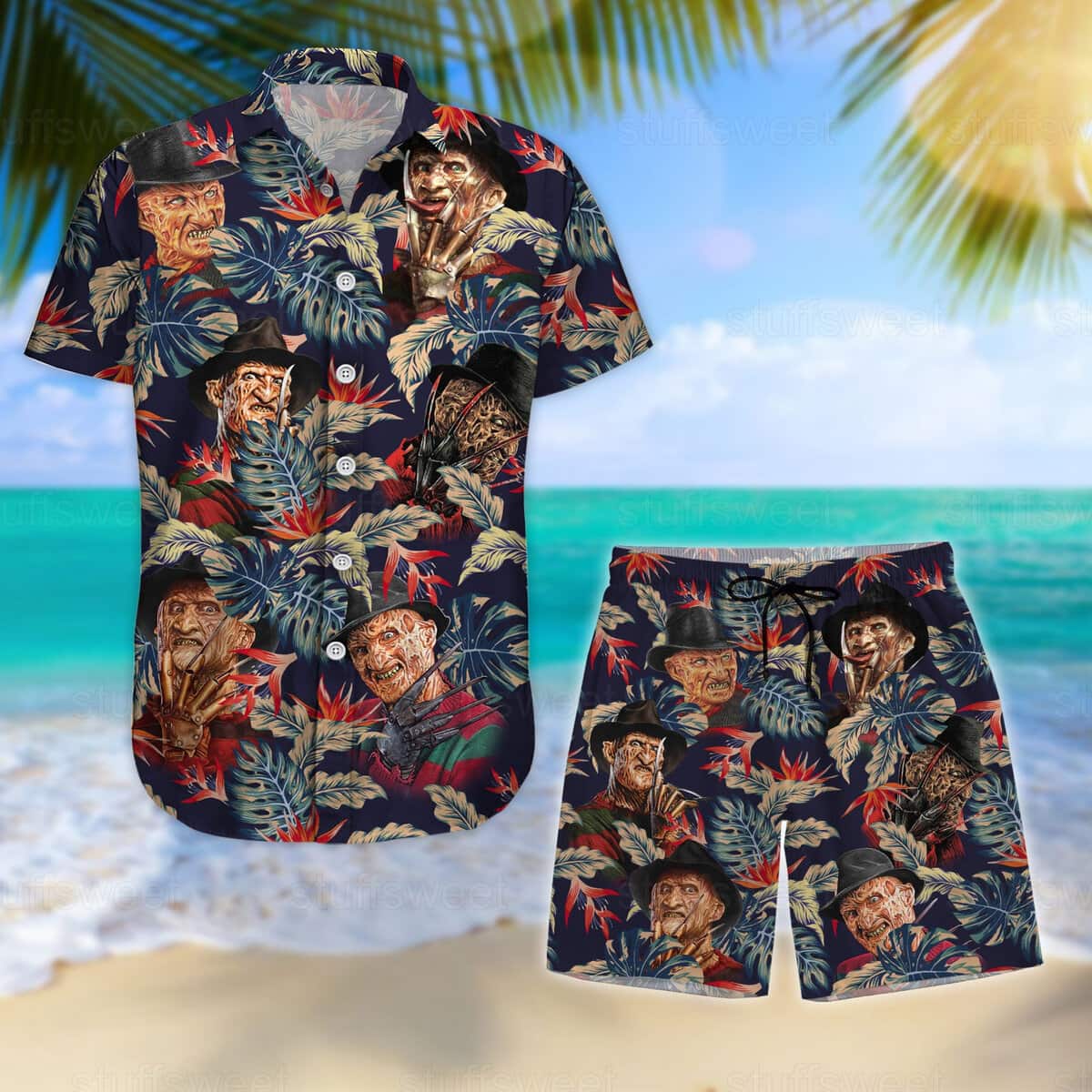 Beach Aloha Freddy Krueger Hawaiian Shirt Palm Leaves Pattern Gift for Horror Movie Fans Beach Aloha Freddy Krueger Hawaiian Shirt Palm Leaves Pattern Gift for Horror Movie Fans