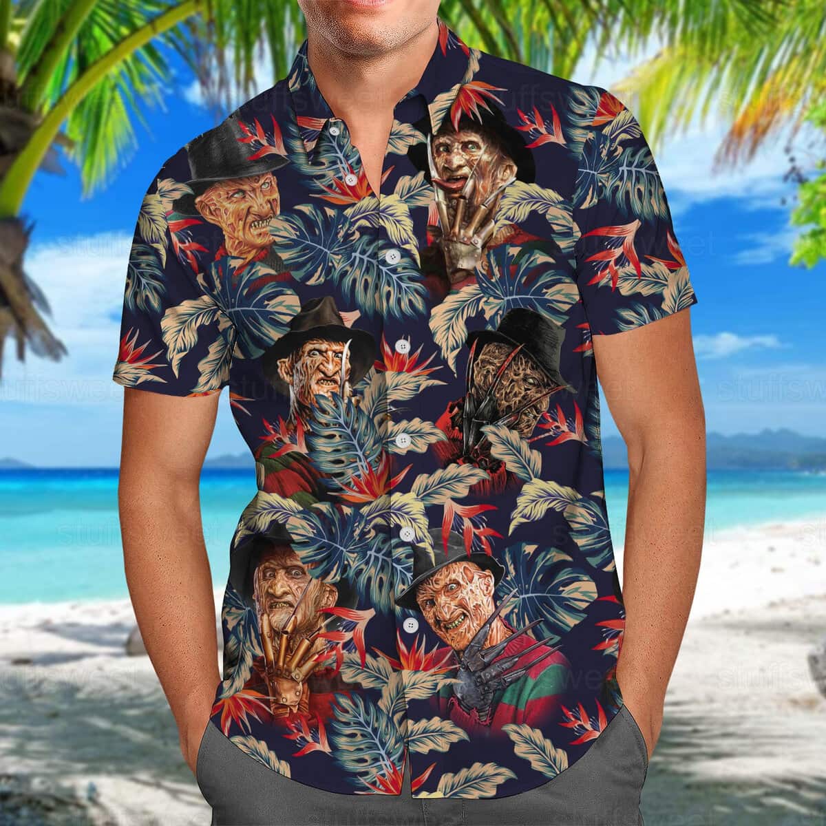 Beach Aloha Freddy Krueger Hawaiian Shirt Palm Leaves Pattern Gift for Horror Movie Fans Beach Aloha Freddy Krueger Hawaiian Shirt Palm Leaves Pattern Gift for Horror Movie Fans