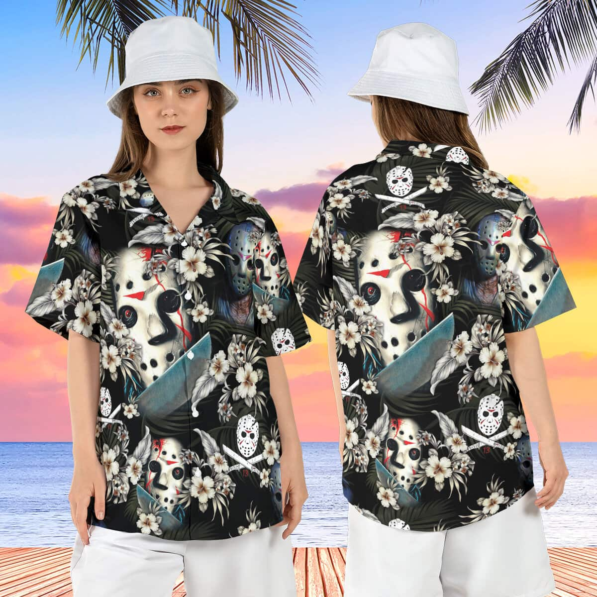 Floral Aloha Jason Voorhees Hawaiian Shirt Gift for Horror Movie Lovers