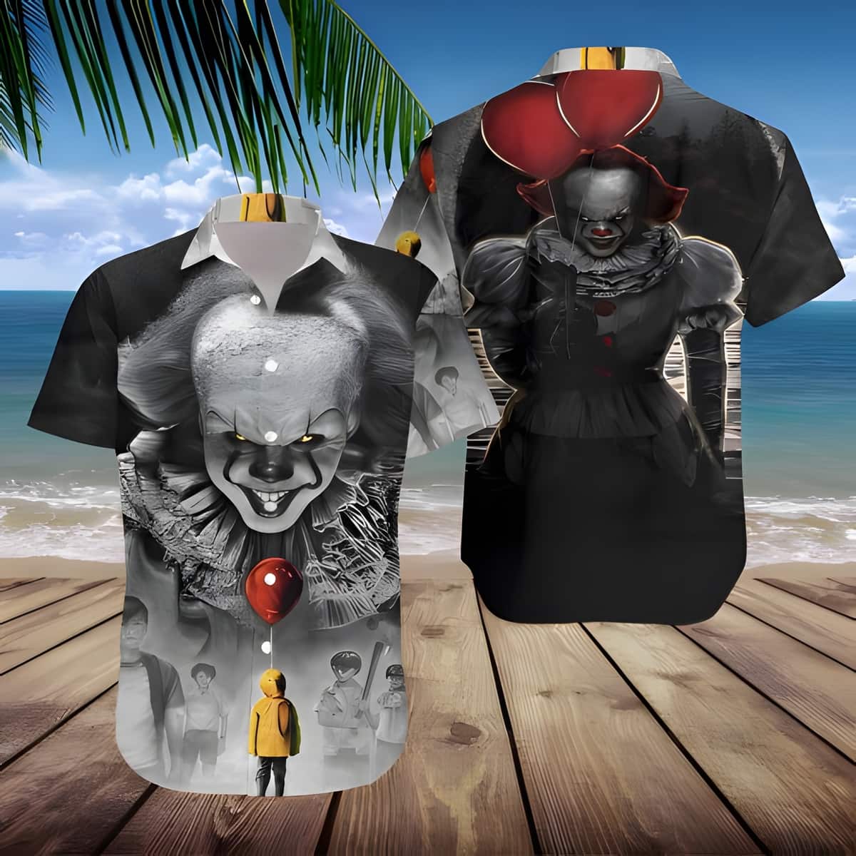 Pennywise With Red Balloon Hawaiian Shirt Gift for Horror Movie Fans Pennywise With Red Balloon Hawaiian Shirt Gift for Horror Movie Fans