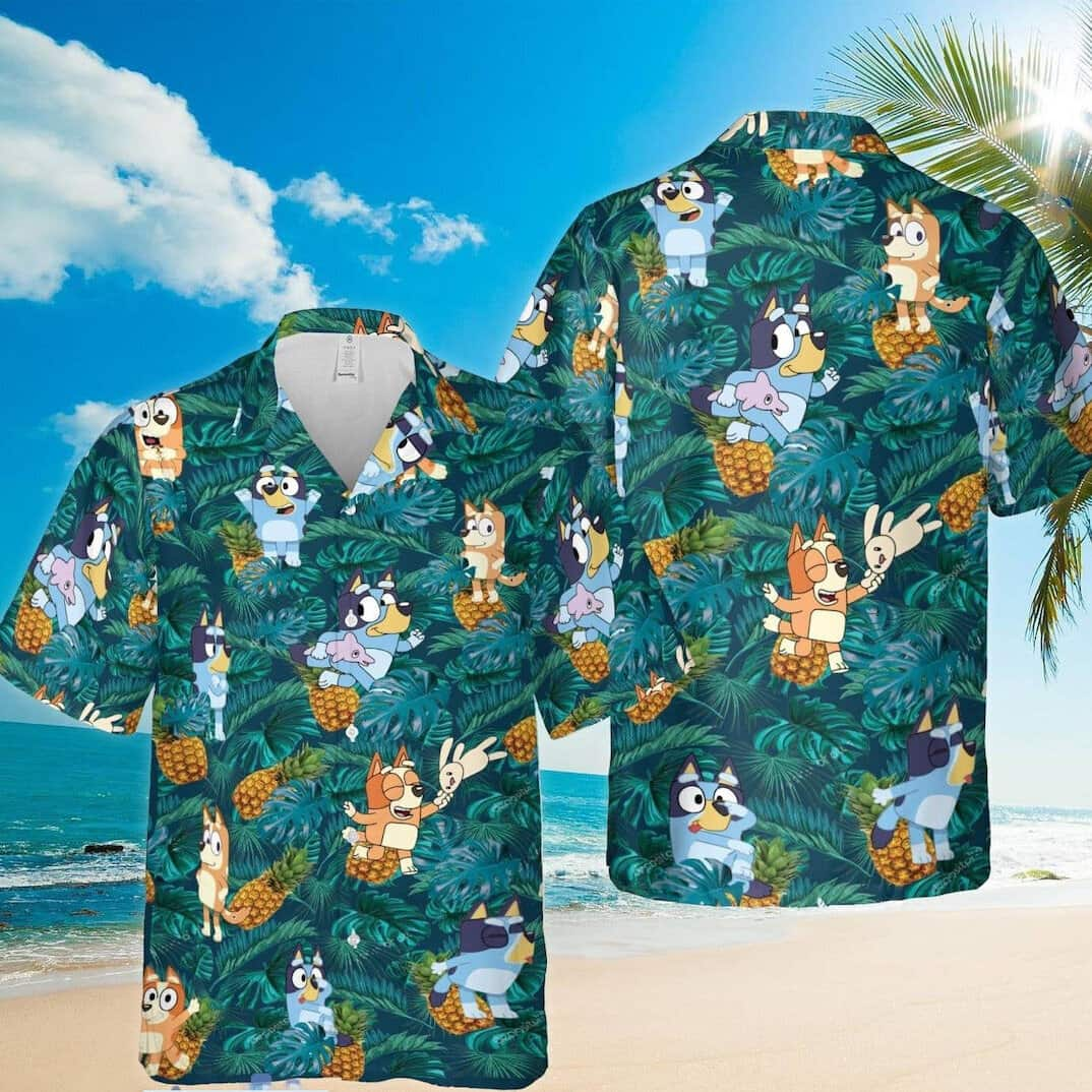 Bluey Hawaiian Shirt Tropical Palm Leaves Pineapple Pattern Gift For Beach Vacation