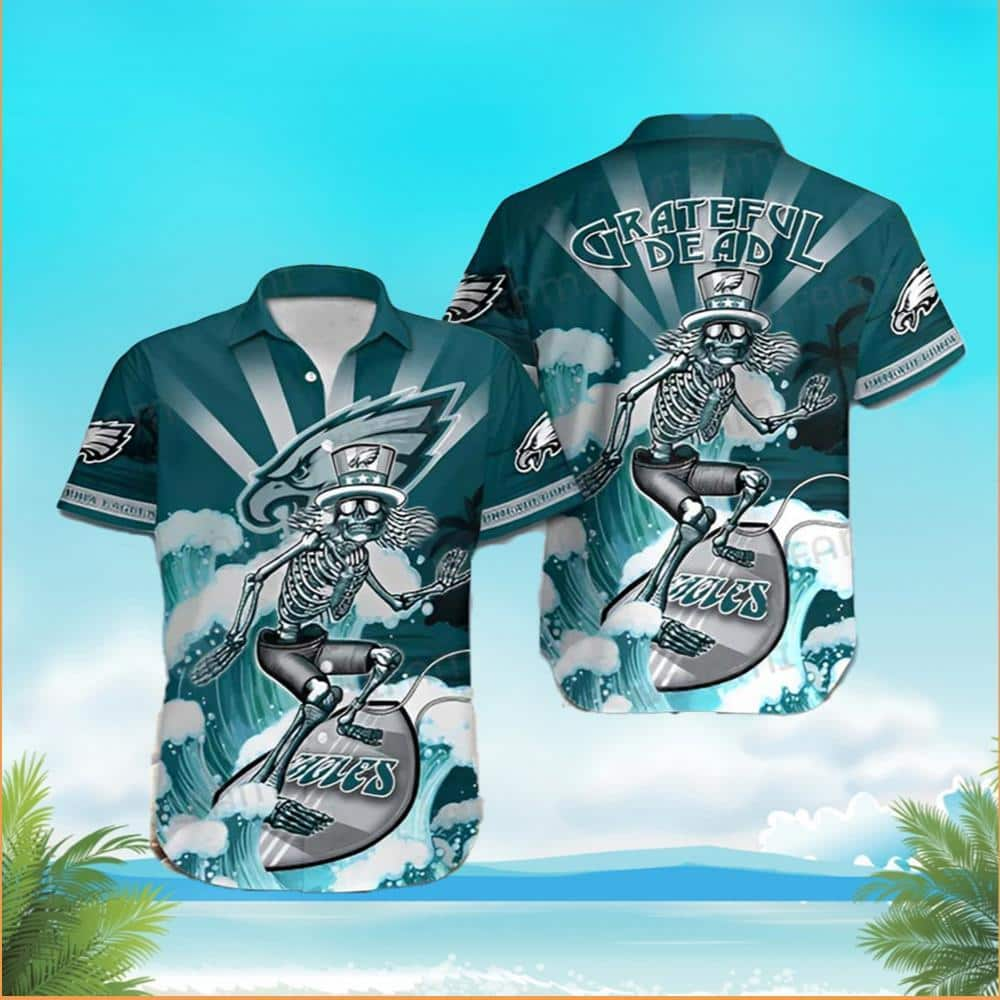 Philadelphia Eagles Grateful Dead Skeleton Surfing Hawaiian Shirt