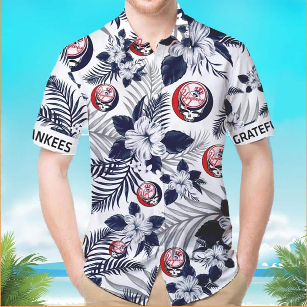 New York Yankees & Grateful Dead Hawaiian Shirt Hibiscus Flowers Pattern Summer Gift For Friend New York Yankees & Grateful Dead Hawaiian Shirt Hibiscus Flowers Pattern Summer Gift For Friend