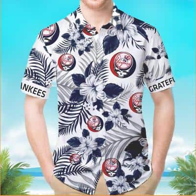 New York Yankees & Grateful Dead Hawaiian Shirt Hibiscus Flowers Pattern Summer Gift For Friend