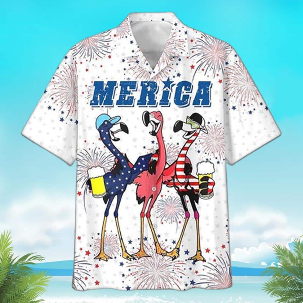 Flamingo Hawaiian Shirt Fireworks Independence Day Beach Lovers Gift
