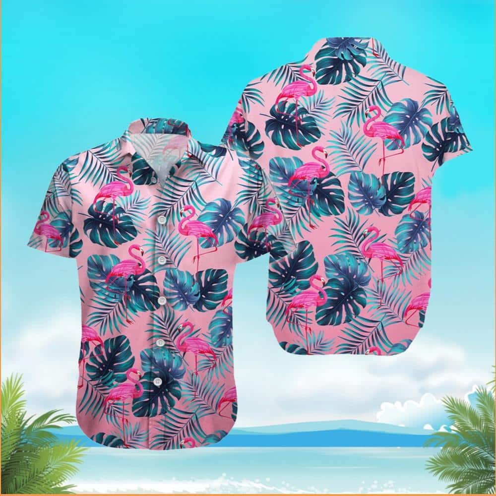 Pink Flamingo Hawaiian Shirt Palm Leaves Pattern Summer Beach Gift