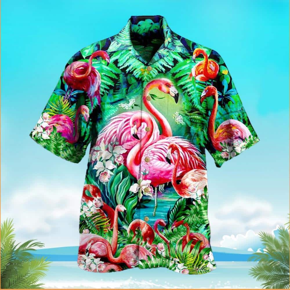 Tropical Flamingo Hawaiian Shirt Palm Leaves Pattern Gift For Beach Trip