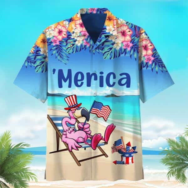 Cute Flamingo On Vacation USA Flag Hawaiian Shirt